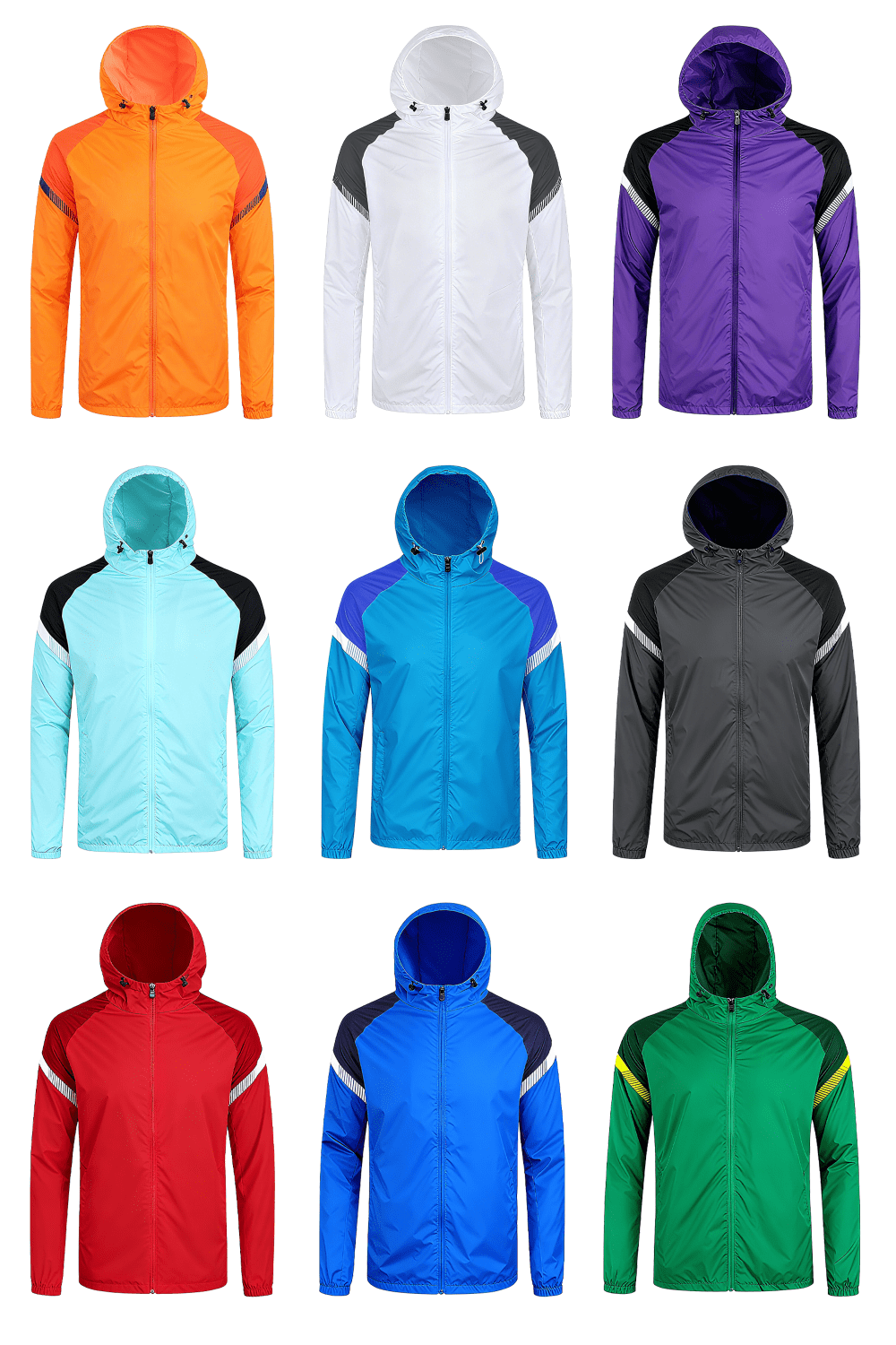 Wholesale multicolor soccer windbreakers in orange white purple cyan blue grey red green