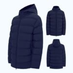 Navy blue hooded puffer jacket multi-angle product views