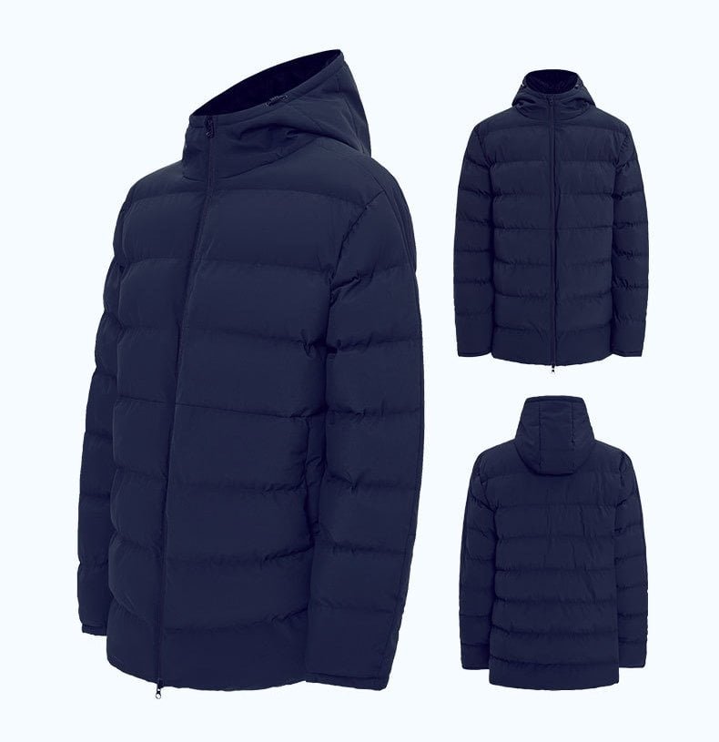 Navy blue hooded puffer jacket multi-angle product views