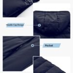 Navy puffer jacket details showing zipper, hood, pocket and cuff design