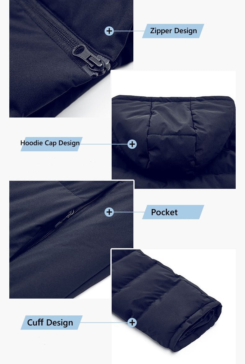 Navy puffer jacket details showing zipper, hood, pocket and cuff design