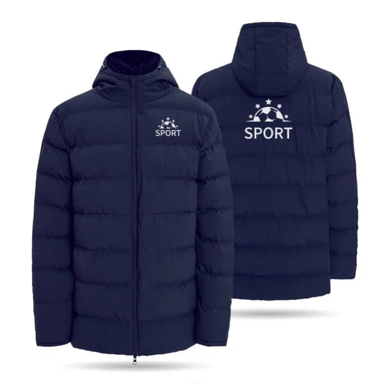 Navy blue puffer jacket with Sport logo shown in front and back view
