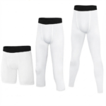 White compression base layer pants set with black waistband - shorts, capri and full length