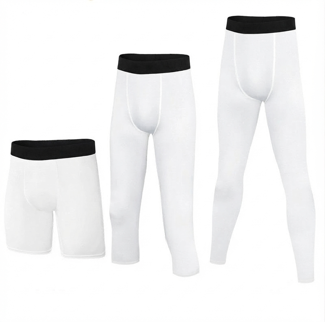 White compression base layer pants set with black waistband - shorts, capri and full length