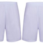 White soccer shorts shown in front and back view with elastic waistband