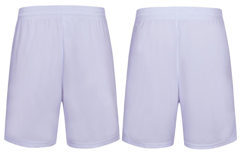 White soccer shorts shown in front and back view with elastic waistband