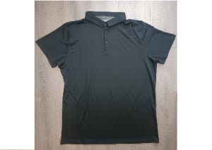 Custom black performance polo shirt front view with three-button placket and ribbed collar, breathable fabric ideal for tennis team small batch customization.