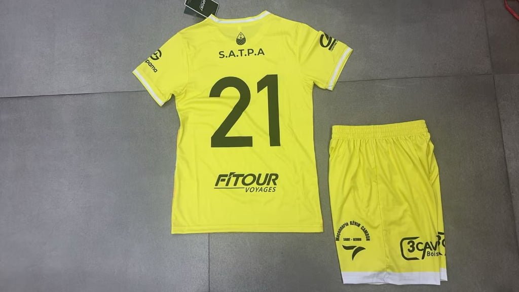 Custom yellow and orange full sublimation soccer jersey back view, showing large heat transfer team name and number 21, ideal for small batch wholesale orders.