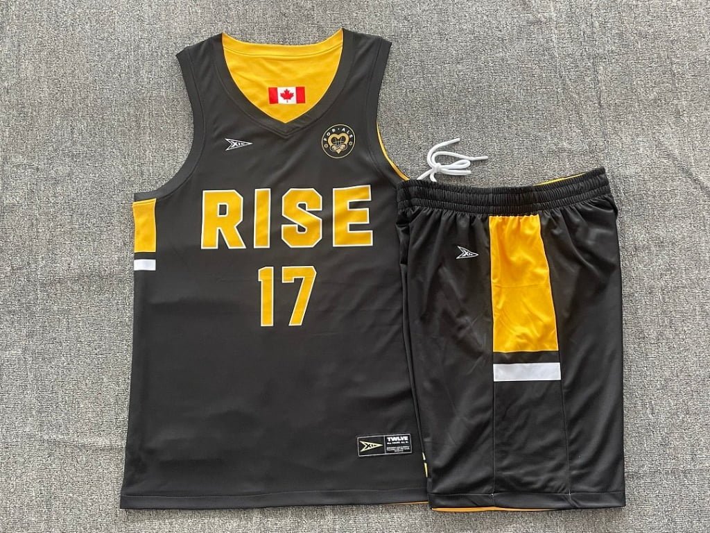 Mens black reversible basketball jersey and shorts set front view with RISE 17