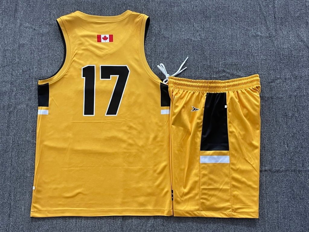 Mens yellow reversible basketball jersey and shorts set back view with number 17