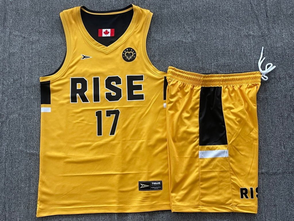 Mens yellow reversible basketball jersey and shorts set front view with RISE 17