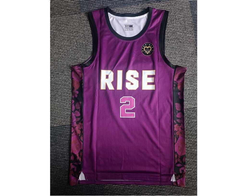 Purple floral side panel basketball jersey front view with RISE 2
