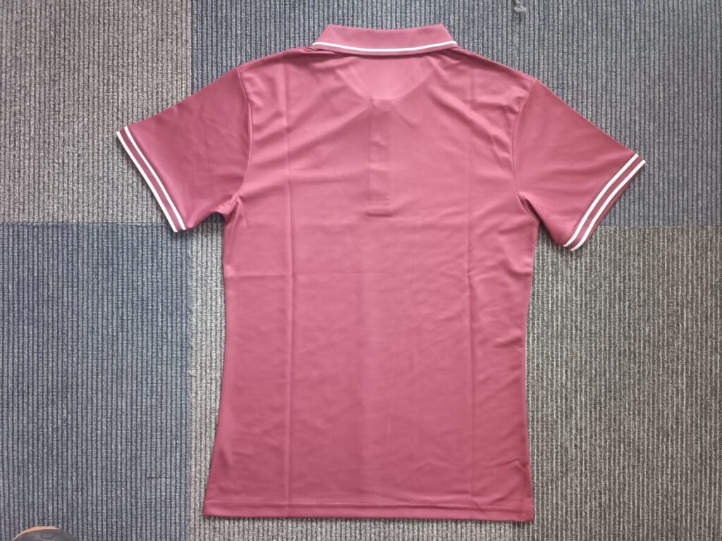 Full back view of custom maroon sublimated tennis polo shirt with striped rib-knit sleeve cuffs and tailored athletic fit.